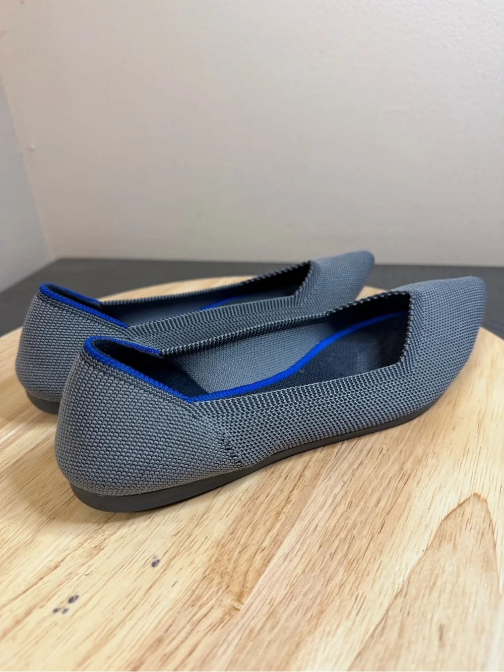 Rothy's Gray Pointed Knit Flats with Blue Trim
